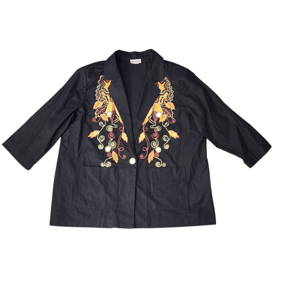VINTAGE 80s Joanna Plus blazer black painted leaves and vines size 40